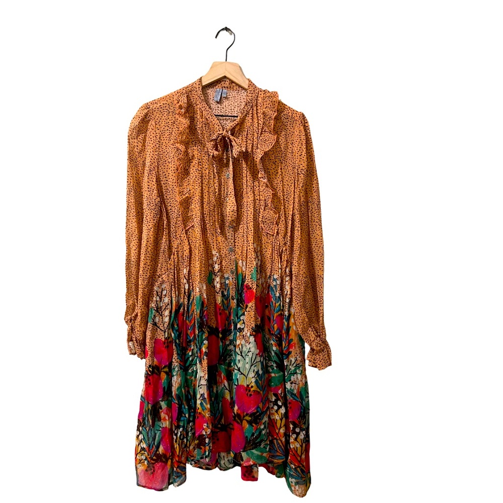 Blnk London Polka Dot Floral Multi-Color Sheer Shirt Flare Dress Size PS